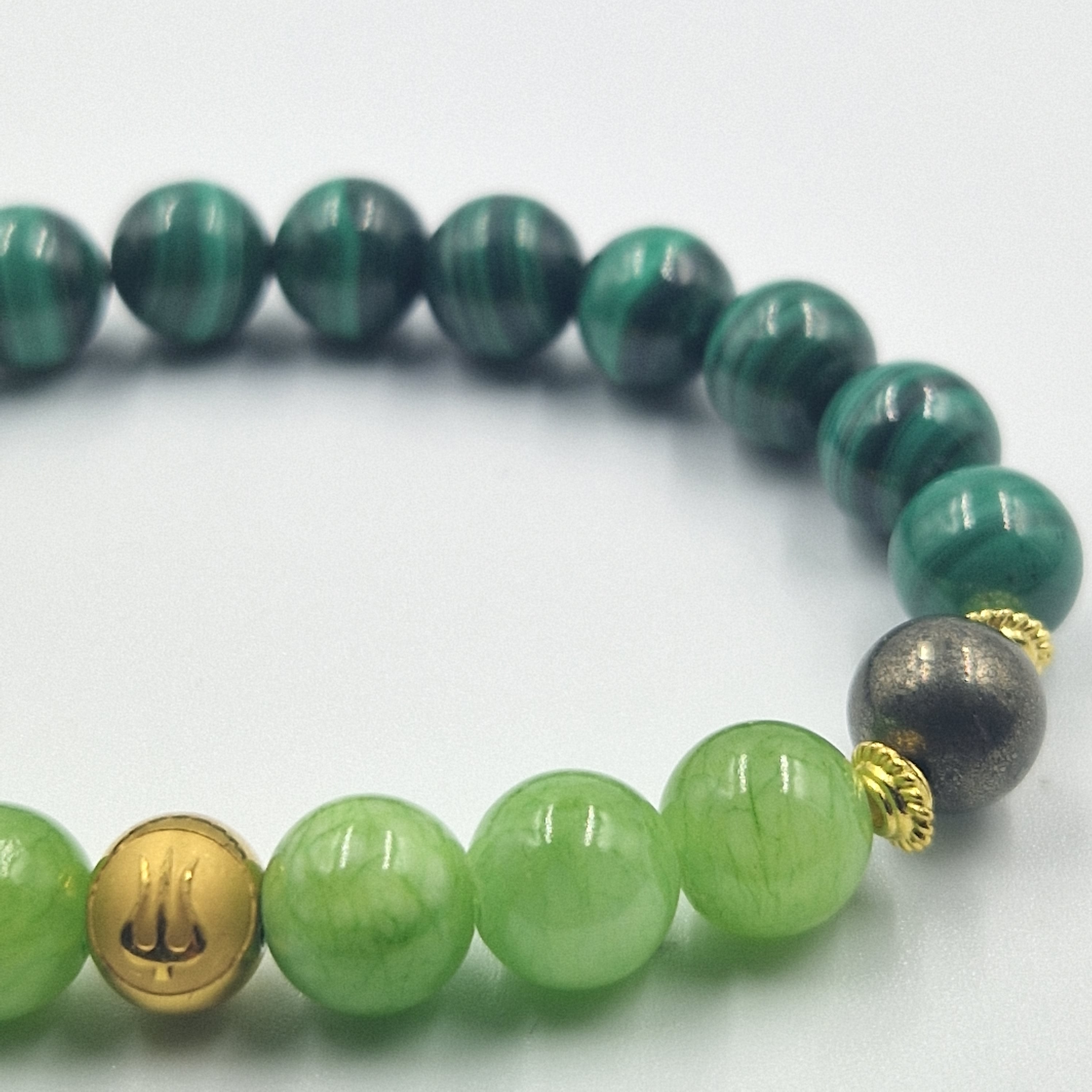 Bracelet Cancer en Malachite, Jade vert et Pyrite