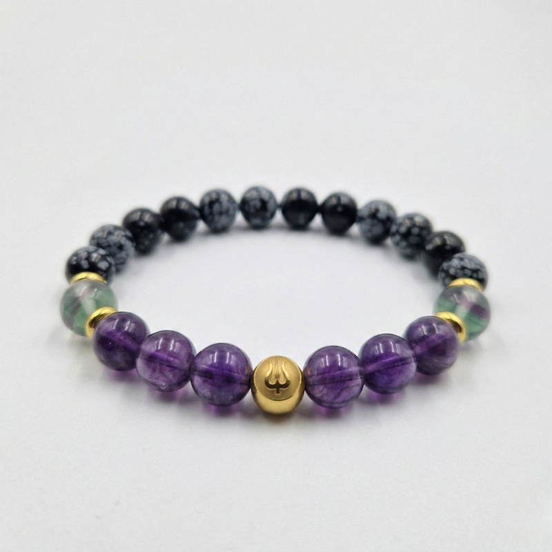 Bracelet ARTICULATIONS en Améthyste, Fluorite, Obsidienne flocon de neige