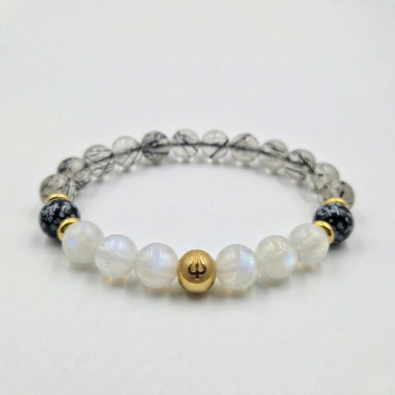 Bracelet CHUTE DE CHEVEUX en Pierre de Lune, Quartz Rutile, Obsidienne Flocon de Neige