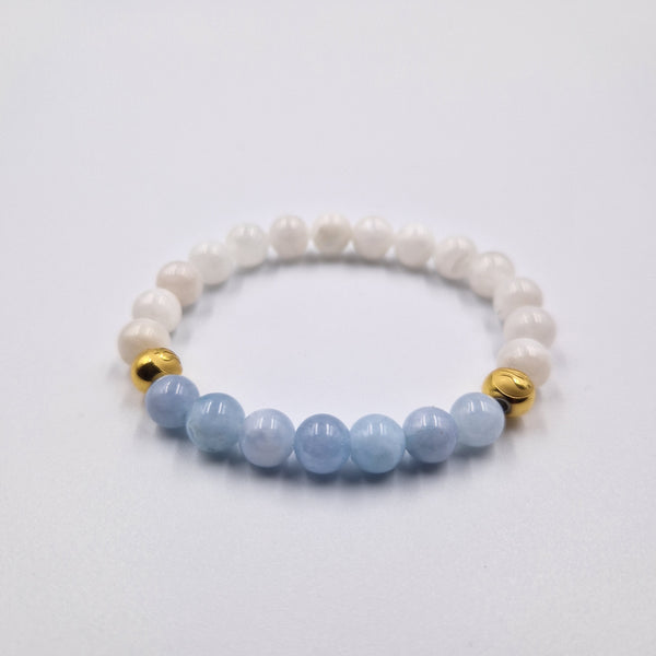 Bracelet Perles Angélite, Aigue-Marine Et Pierre De Lune - Marque Abijoux - Neuf Avec étiquettes - Bijou Lithothérapie