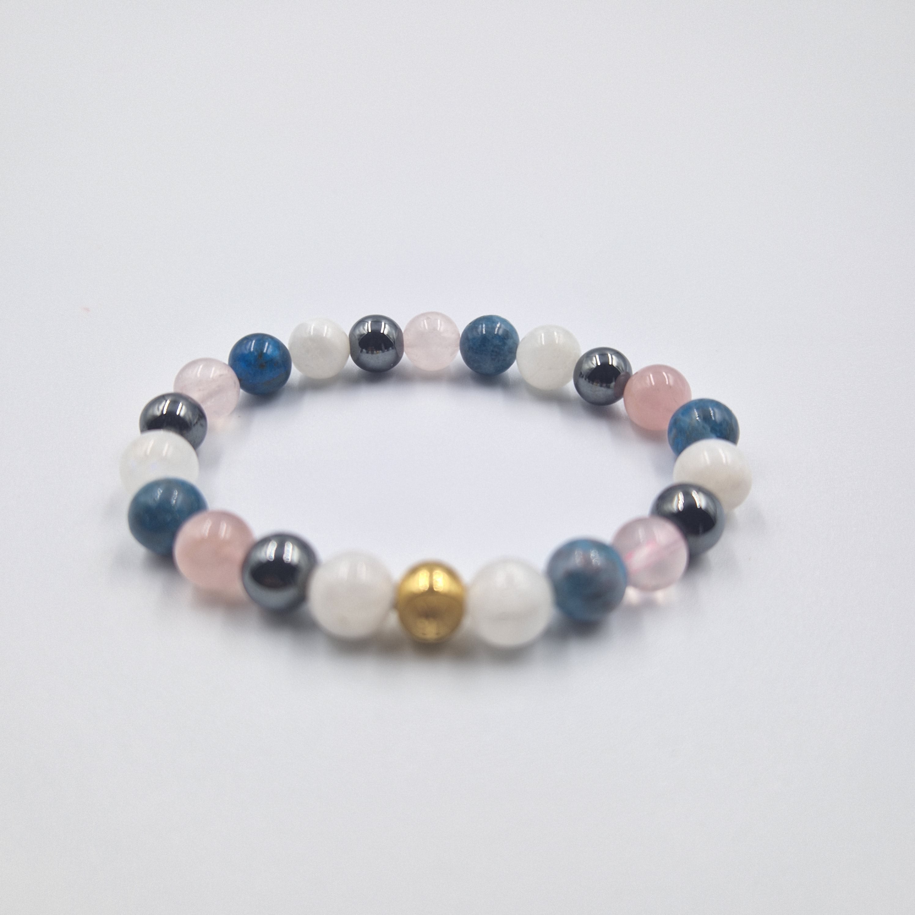 Bracelet MINCEUR en Apatite bleue, Hématite, Pierre de lune blanche et Quartz rose